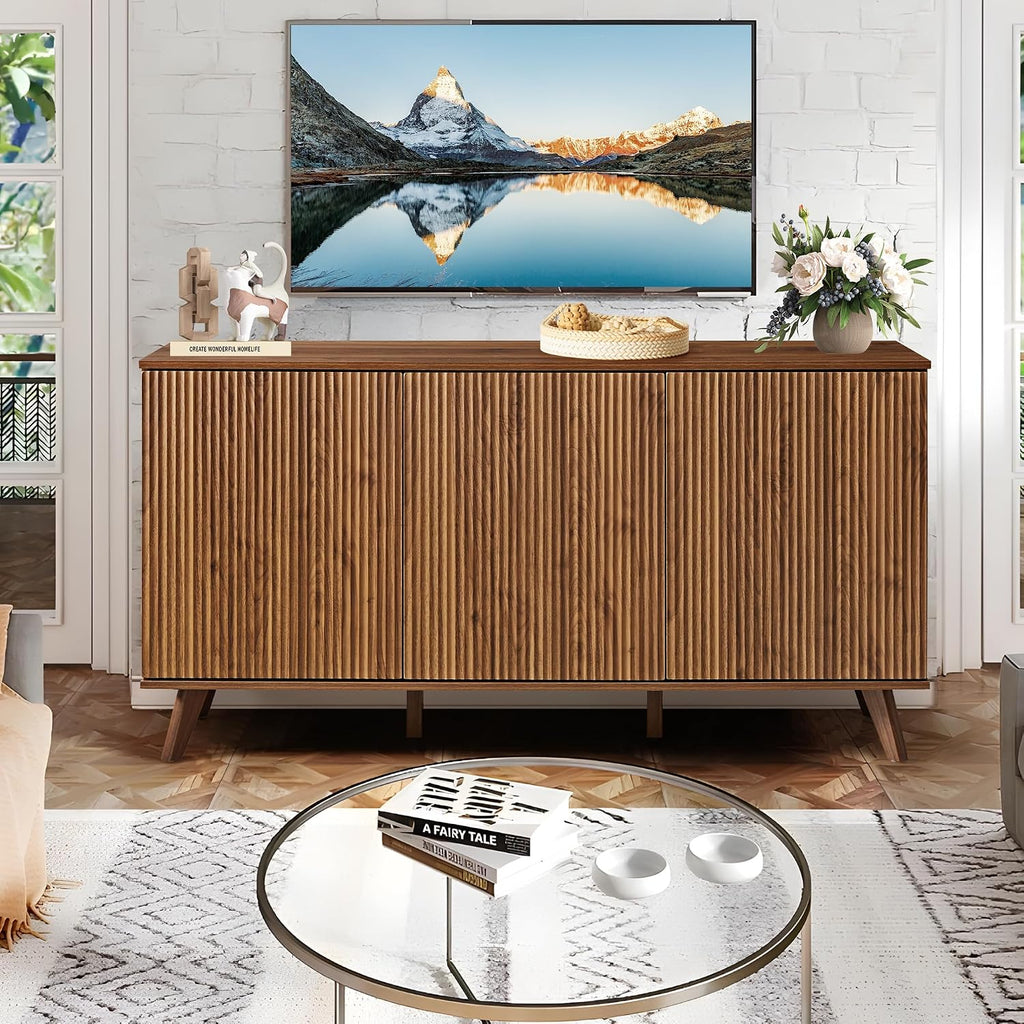 XUZENEST Fluted Sideboard Buffet Cabinet with Storage, Modern Storage Cabinet with 3 Doors, Wood Credenza Buffet Sideboards, Console Table for Kitchen Dining Living Room Entryway (Walnut)