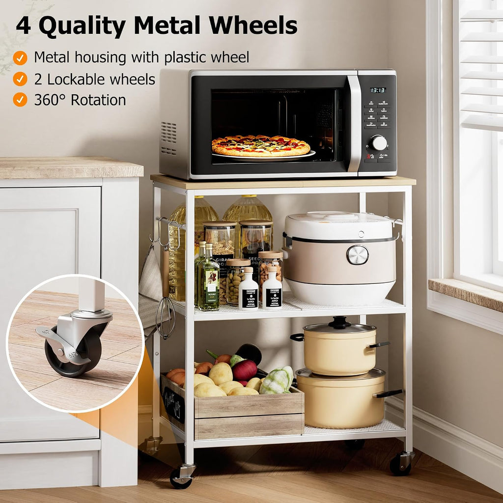 Homleke 3-Tier Rolling Kitchen Microwave Cart, Utility Cart | with Lockable Wheels Coffee Bar Table Station with 6 Hooks, Small Appliance Storage Shelf, White and Natural