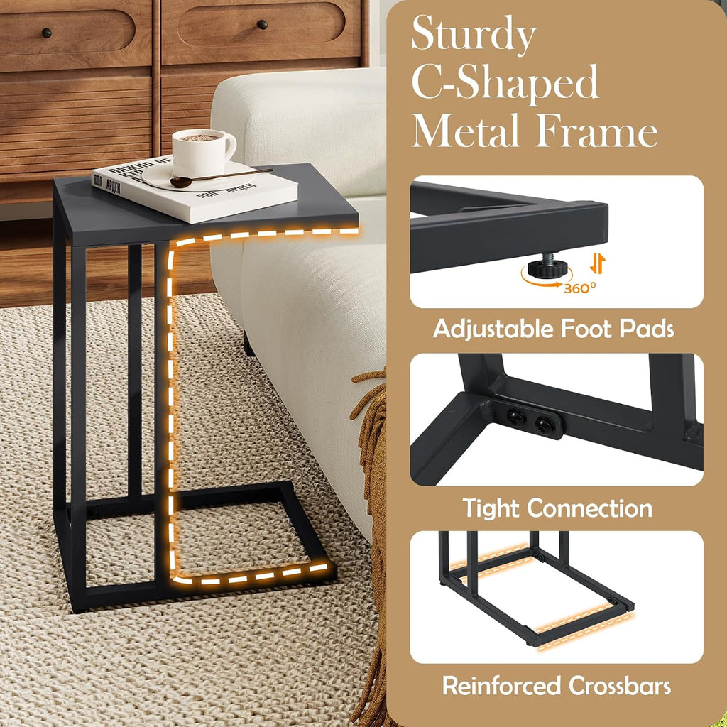 Tangkula C-Shaped End Table, Modern Small TV Tray with Metal Frame, Adjustable Foot Pads, Industrial Couch Sofa Side Table for Living Room Bedroom Office (2, Dark Gray)