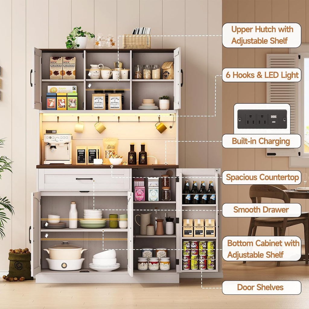 ONBRILL 71" Kitchen Pantry Cabinet with LED Light/Outlet, Off White+Walnut | Pantry Cabinet, Kitchen Hutch with Microwave Shelf & 6 Hooks, Door Shelves & Drawer & Adjustable Shelves, for Dining Room