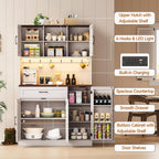 ONBRILL 71" Kitchen Pantry Cabinet with LED Light/Outlet, Off White+Walnut | Pantry Cabinet, Kitchen Hutch with Microwave Shelf & 6 Hooks, Door Shelves & Drawer & Adjustable Shelves, for Dining Room