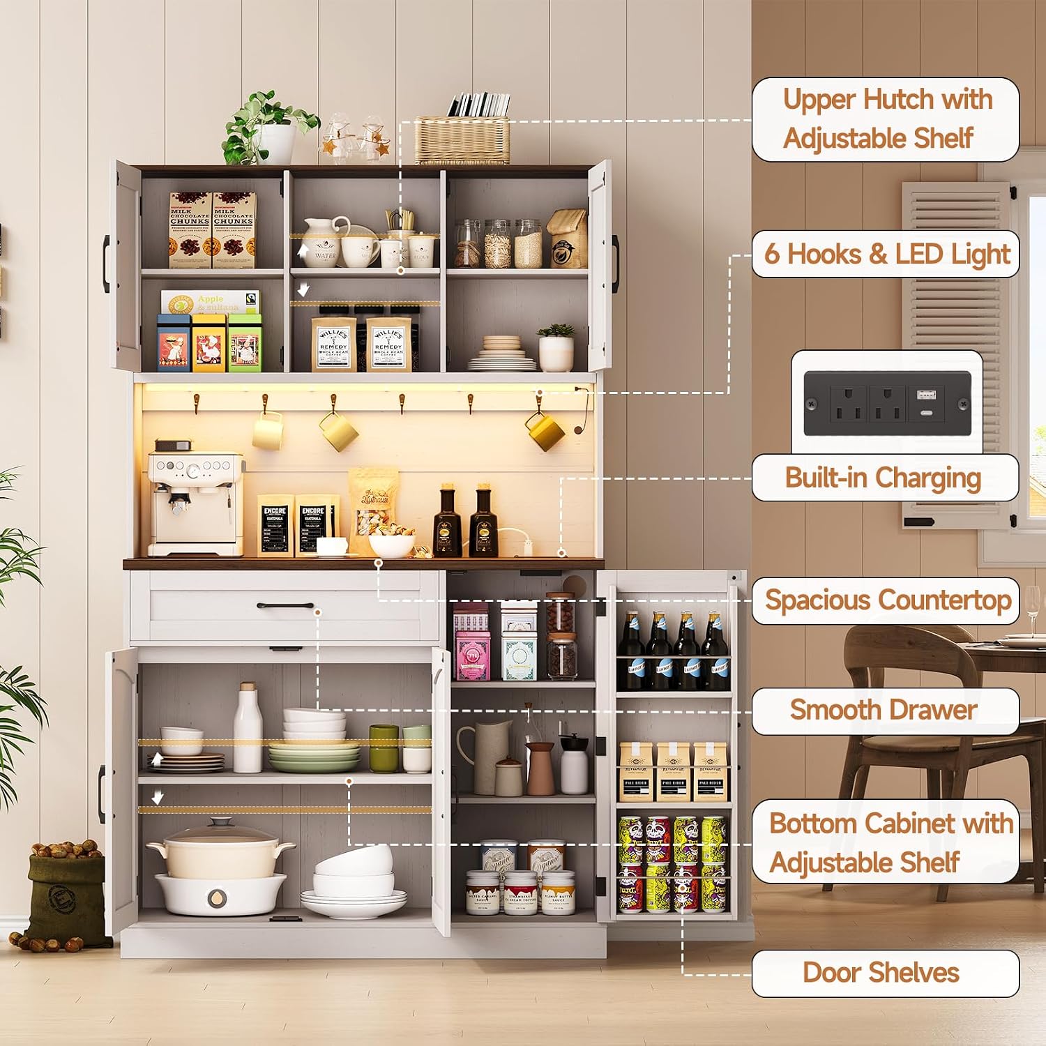 ONBRILL 71" Kitchen Pantry Cabinet with LED Light/Outlet, Off White+Walnut | Pantry Cabinet, Kitchen Hutch with Microwave Shelf & 6 Hooks, Door Shelves & Drawer & Adjustable Shelves, for Dining Room