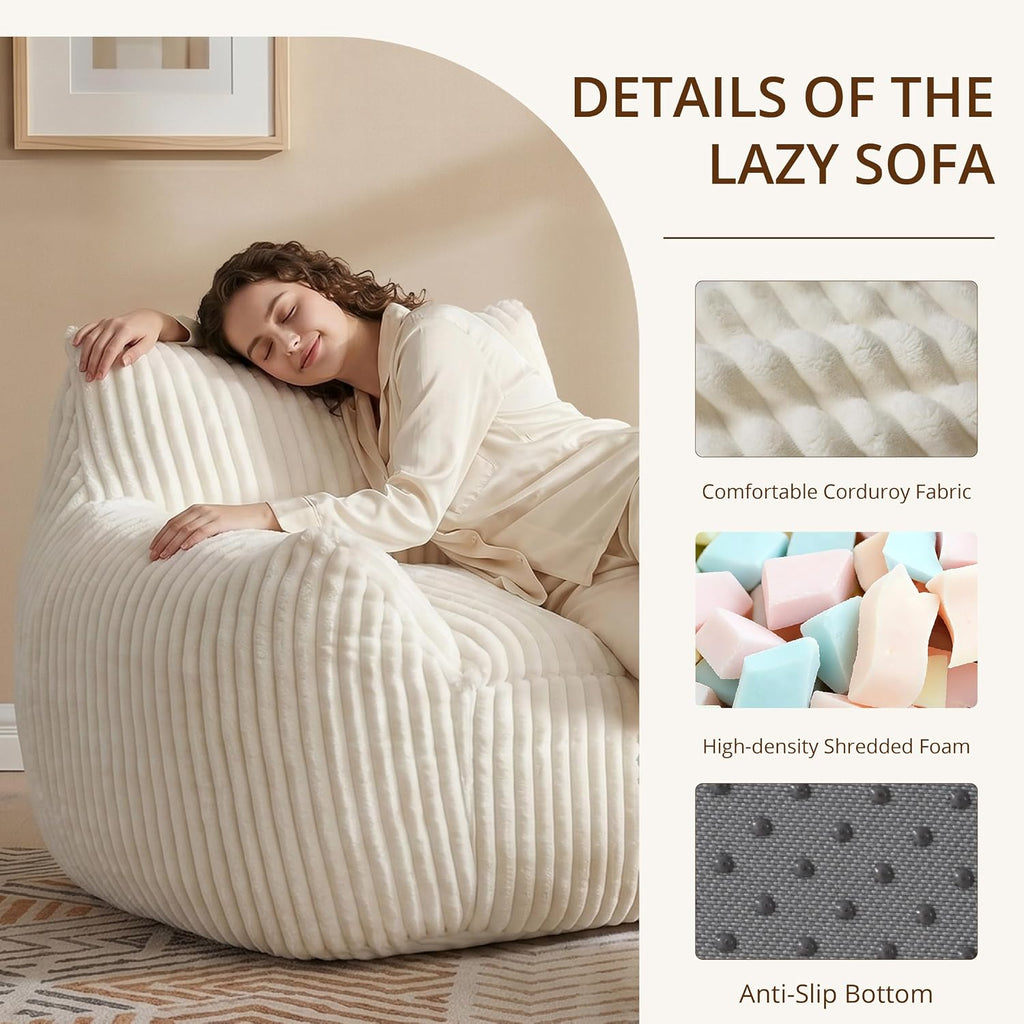 Giant Bean Bag Chair for Adults, Large Bean Bag with Ottoman | Cloud Comfy Bean Bag with Backrest & Armrests, Stuffed Beanbag Chair for Reading, Gaming, Napping, Beige