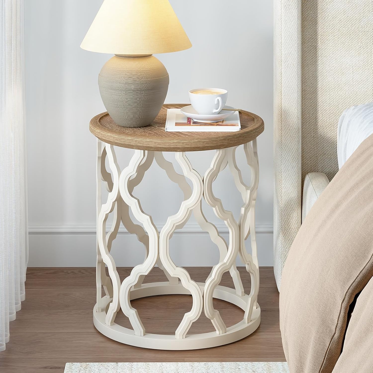 karlott Farmhouse End Table, 18.5'' French Country Round Side Table, Distressed Tray Top Side Table with Curved Motif Frame Base for Boho, End Tables Living Room, Bedroom, Small Space, Cream Beige