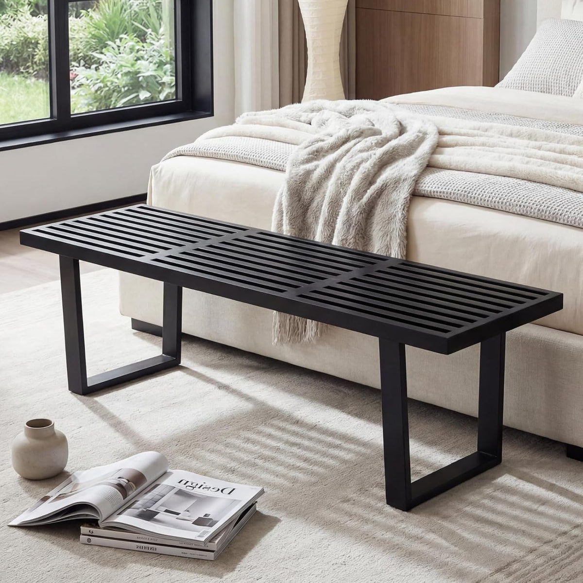Wooden Dining Bench 55”Industrial Entryway Bench, Modern End of Bed Bench for Bedroom/Hallway, Black Solid Wood Bench with W/Metal Legs for Dining Room/Living Room, Kitchen