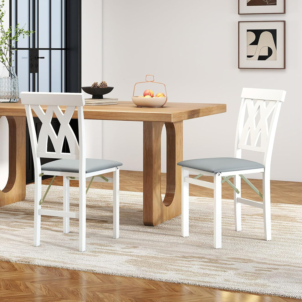 Giantex Folding Dining Chairs Set of 4, Upholstered Kitchen Chair w/Rubber Wood Frame, Padded Seat with PVC Leather, Hollowed Curved Backrest, Farmhouse Wooden Side Chairs for Home Restaurant