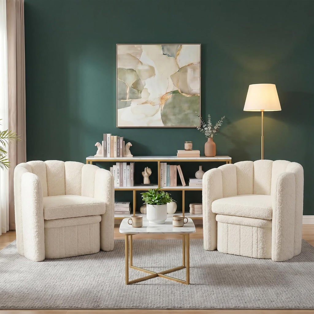 Homkdom Barrel Accent Chair with Storage Ottoman, Teddy Fleece Shell Back, Ergonomic Lumbar Support, Spring Foam Seat, 300 lbs, Reading Chair for Bedroom Living Room Home Office Creamy White