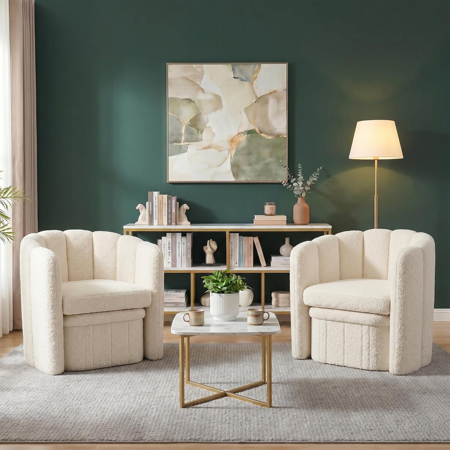 Homkdom Barrel Accent Chair with Storage Ottoman, Teddy Fleece Shell Back, Ergonomic Lumbar Support, Spring Foam Seat, 300 lbs, Reading Chair for Bedroom Living Room Home Office Creamy White