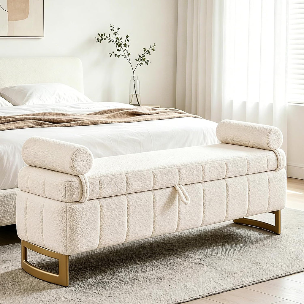 Storage Bench, 63" Ottoman with Storage for Foot of Bed King Size, Modern Upholstered End of Bed Bench with Gold Metal Legs for Bedroom Entryway Hallway, Teddy Beige