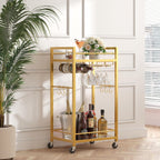TUTOTAK Gold Bar Cart with 2 Mirrored Shelves, Wine Rack & Glass Holder | 2-Tier 17 Inch Wide Home Bar Serving Carts, Small Mobile Kitchen Shelf with 6 Hooks, Gold BC01BB031M