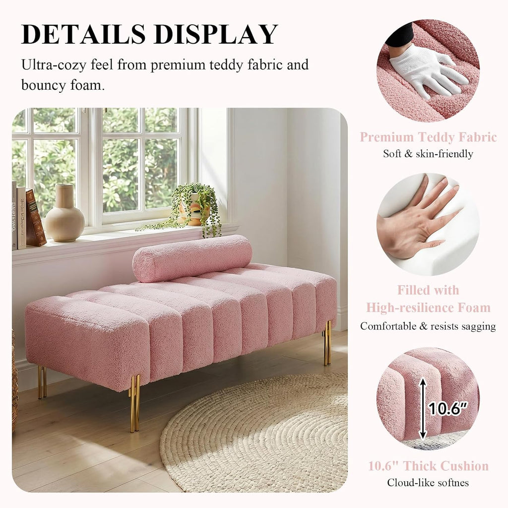 Ottoman Bench, Loveseat Sofa Couch with Adjustable Backrest | 53.2" Accent Sofa, Teddy Upholstered, Metal Legs, 400LBS Weight Capacity, End of Bed Bench for Bedroom, Rose-Teddy