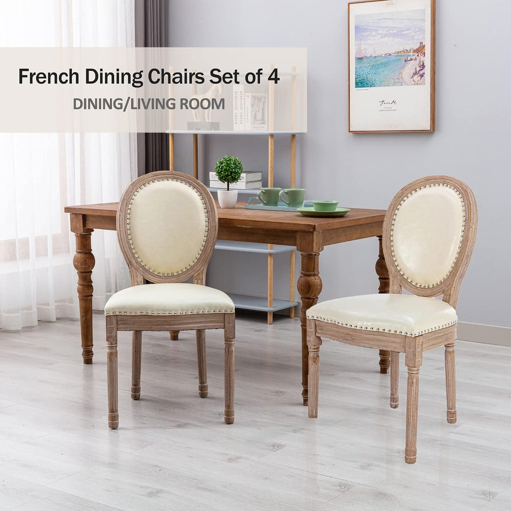 Nrizc French Country Dining Chairs Set of 4, Leather Farmhouse Dining Room Chairs with Round Back, Solid Wood Legs, Oval Side Chairs for Kitchen, Bedroom, Dining Room