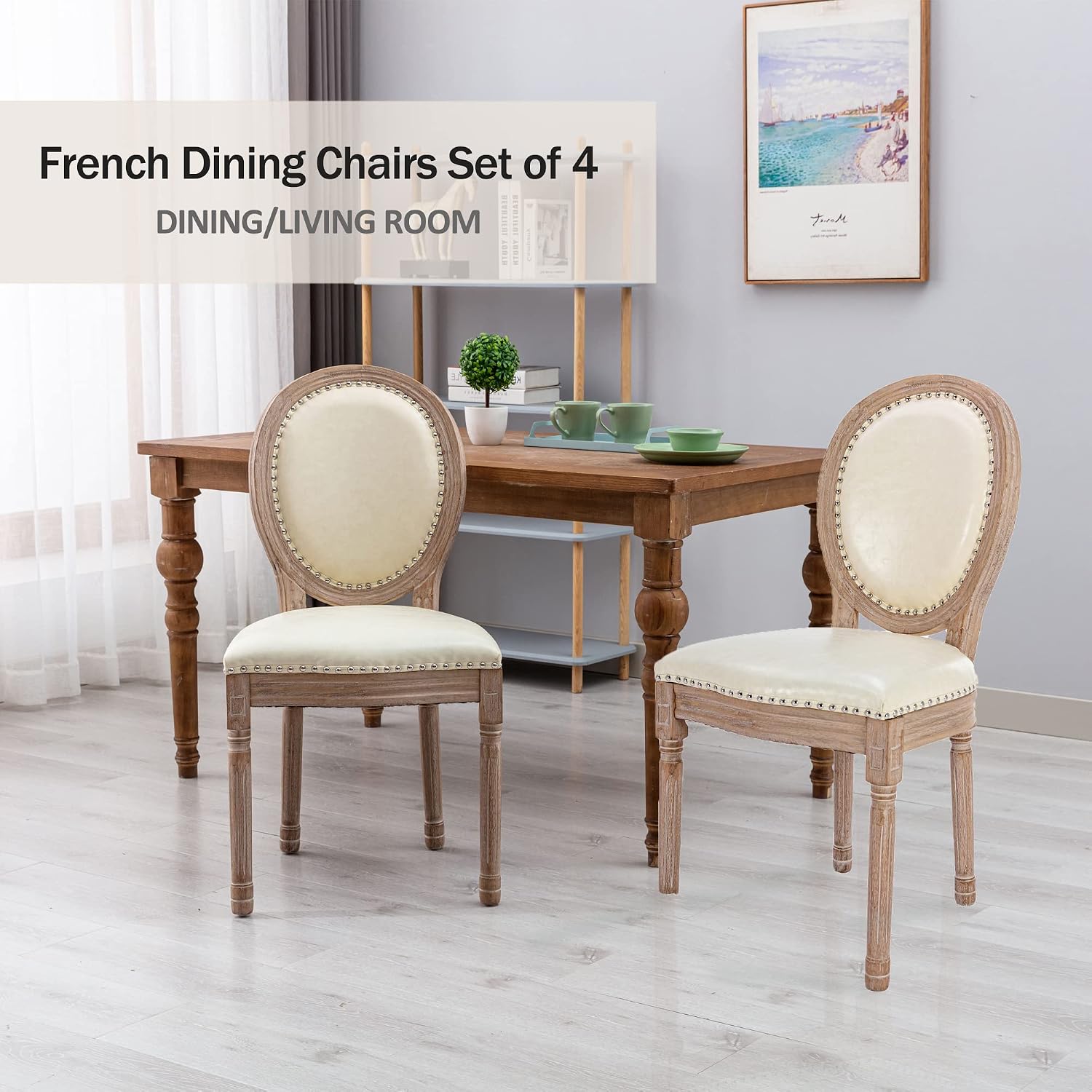 Nrizc French Country Dining Chairs Set of 4, Leather Farmhouse Dining Room Chairs with Round Back, Solid Wood Legs, Oval Side Chairs for Kitchen, Bedroom, Dining Room