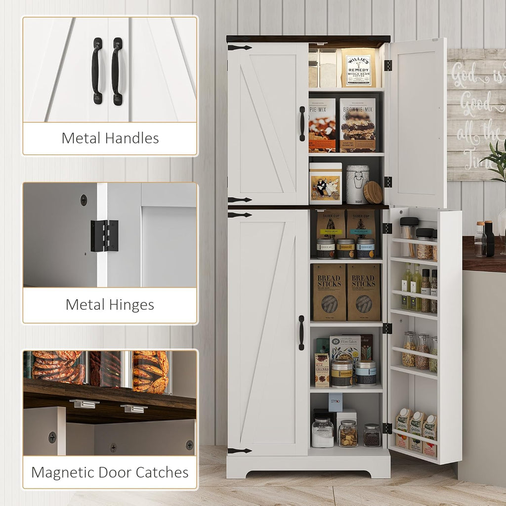 HOMCOM 64" Kitchen Pantry Cabinet with LED Motion Sensor Light, Farmhouse Tall Storage Cabinet with Adjustable Shelves, Cupboard for Living Room, Dining Room, White