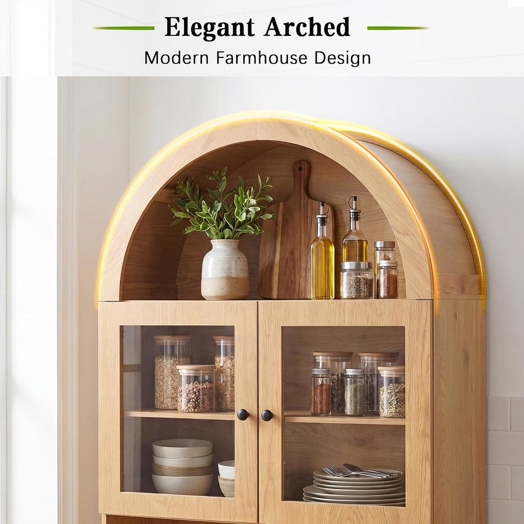 KEIKI 75 Inch Farmhouse Pantry Cabinet with Charging Station, Tall Arched Coffee Bar Cabinet with Adjustable Shelves & Drawer, Freestanding Storage Sideboard for Kitchen Dining Room Living Room, Oak