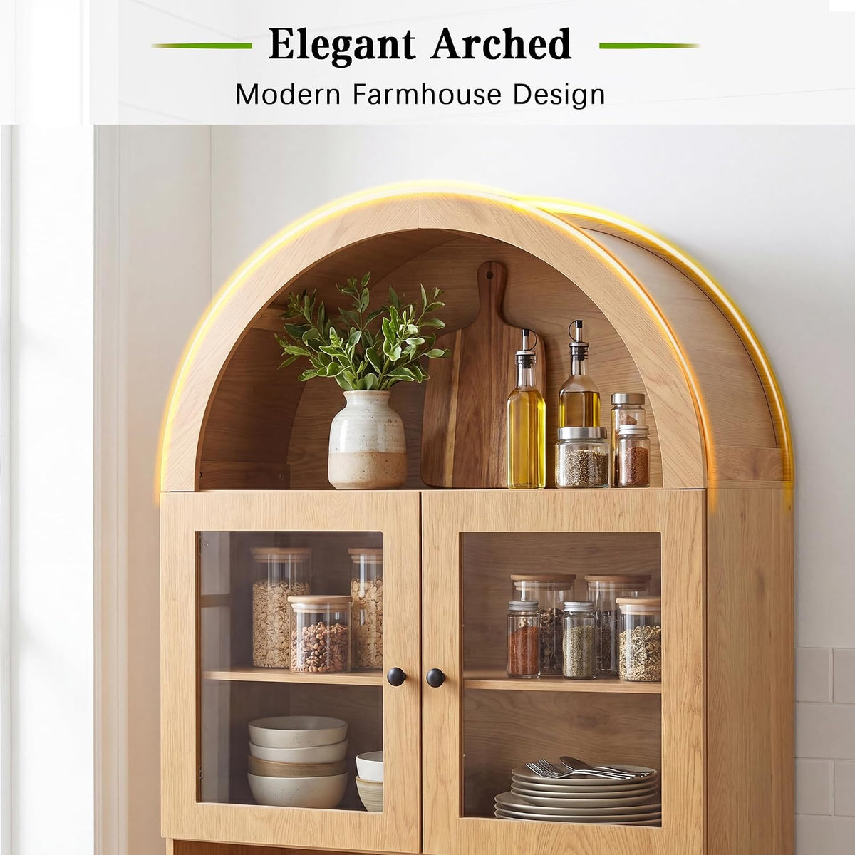 Farmhouse Pantry Cabinet w/Charging Station, Oak | Adjustable Shelves & Open Countertop, Cup Holder & 2 Drawers 75" Tall Arched Coffee Bar for Kitchen Dining Room Living Room
