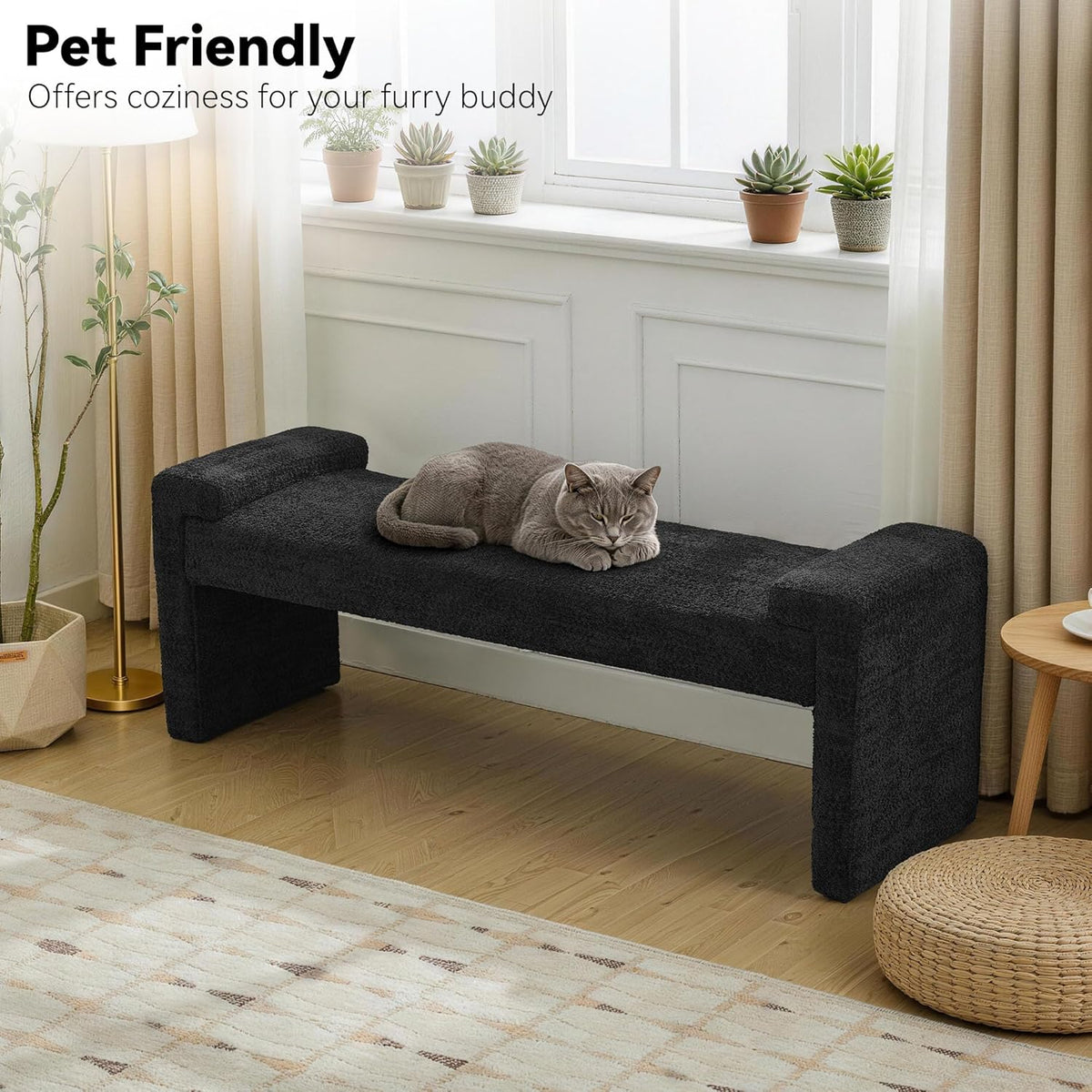 58.7" Upholstered End of Bed Bench, Entryway Bench with Curved Armrests, Modern Bedroom Bench Seat with Solid Wood Frame for Living Room, Hallway, Black