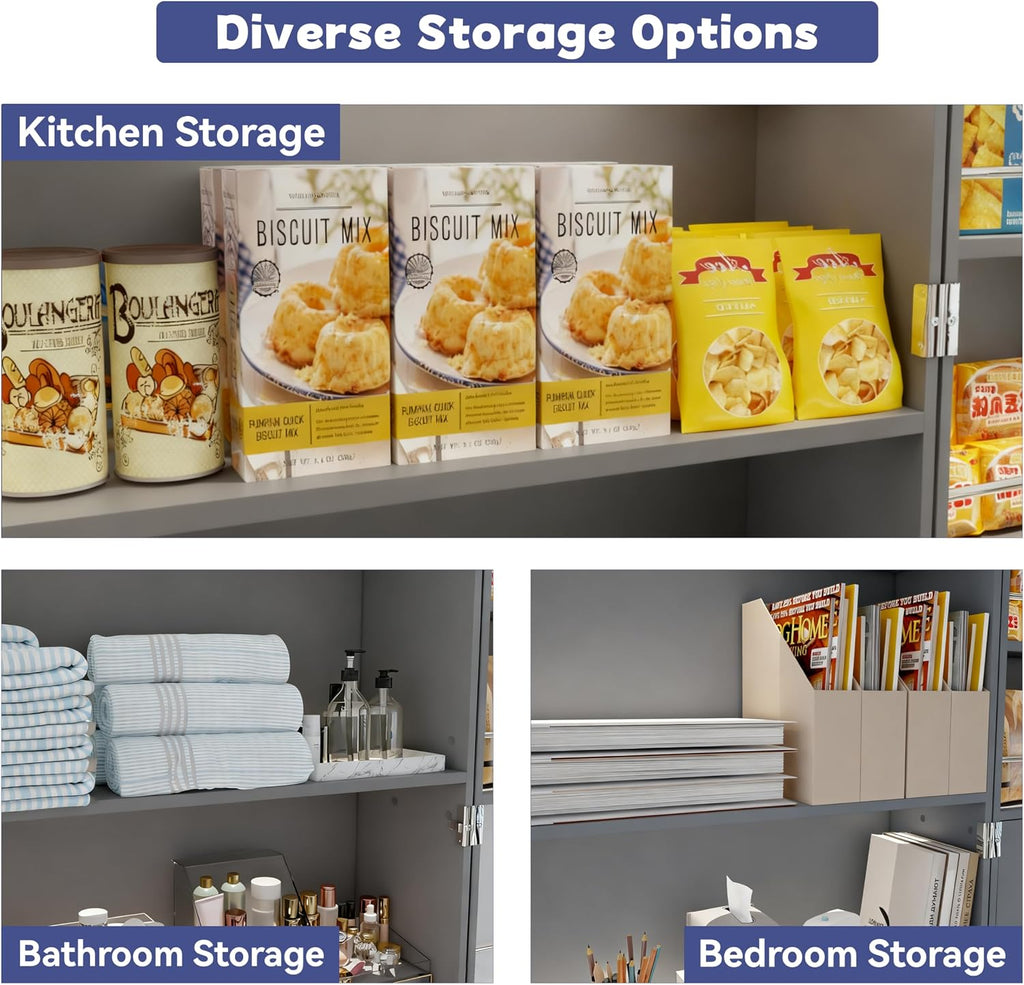 FJTJBSI 72" LED Kitchen Pantry Cabinet with 3 Drawers Farmhouse Tall Storage Cabinet Wood Food Pantry with Barn Doors and Adjustable Shelves Versatile Storage Freestanding Cupboard for Kitchen