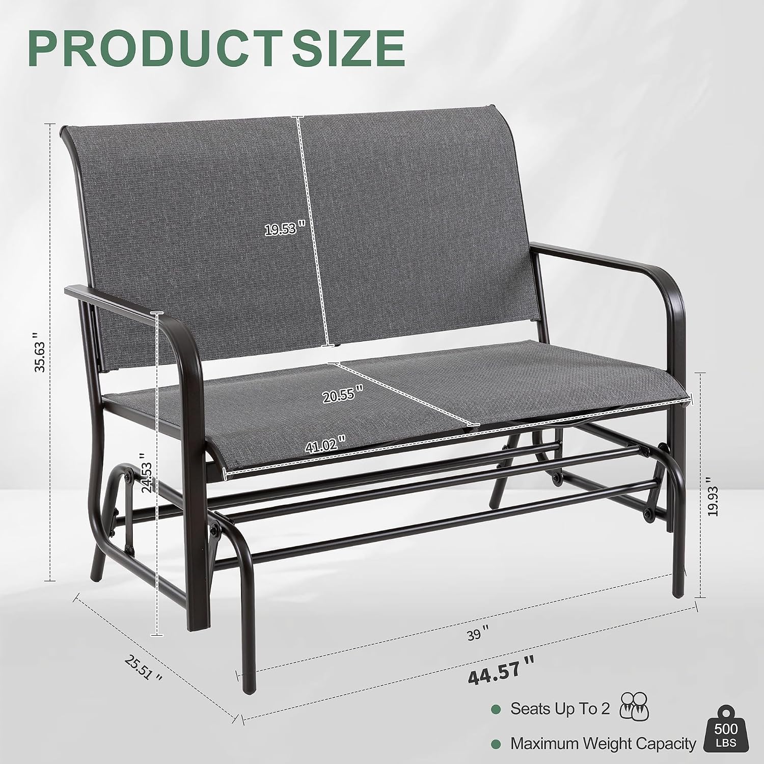 Shintenchi 2-Person Outdoor Glider Bench with Breathable Fabric, Steel Frame Patio Swing Chair, Ergonomic Design Metal Rocking Bench Loveseat for Patio, Backyard, Poolside, Gray