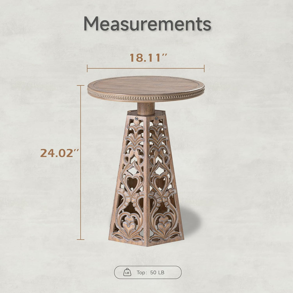 COZAYH Rustic Farmhouse Wooden End Table, Distressed Round Accent Table with Intricate Carved Floral Patterns, Boho, for Living Room, Bedroom, or Entryway, Distressed Wood Color