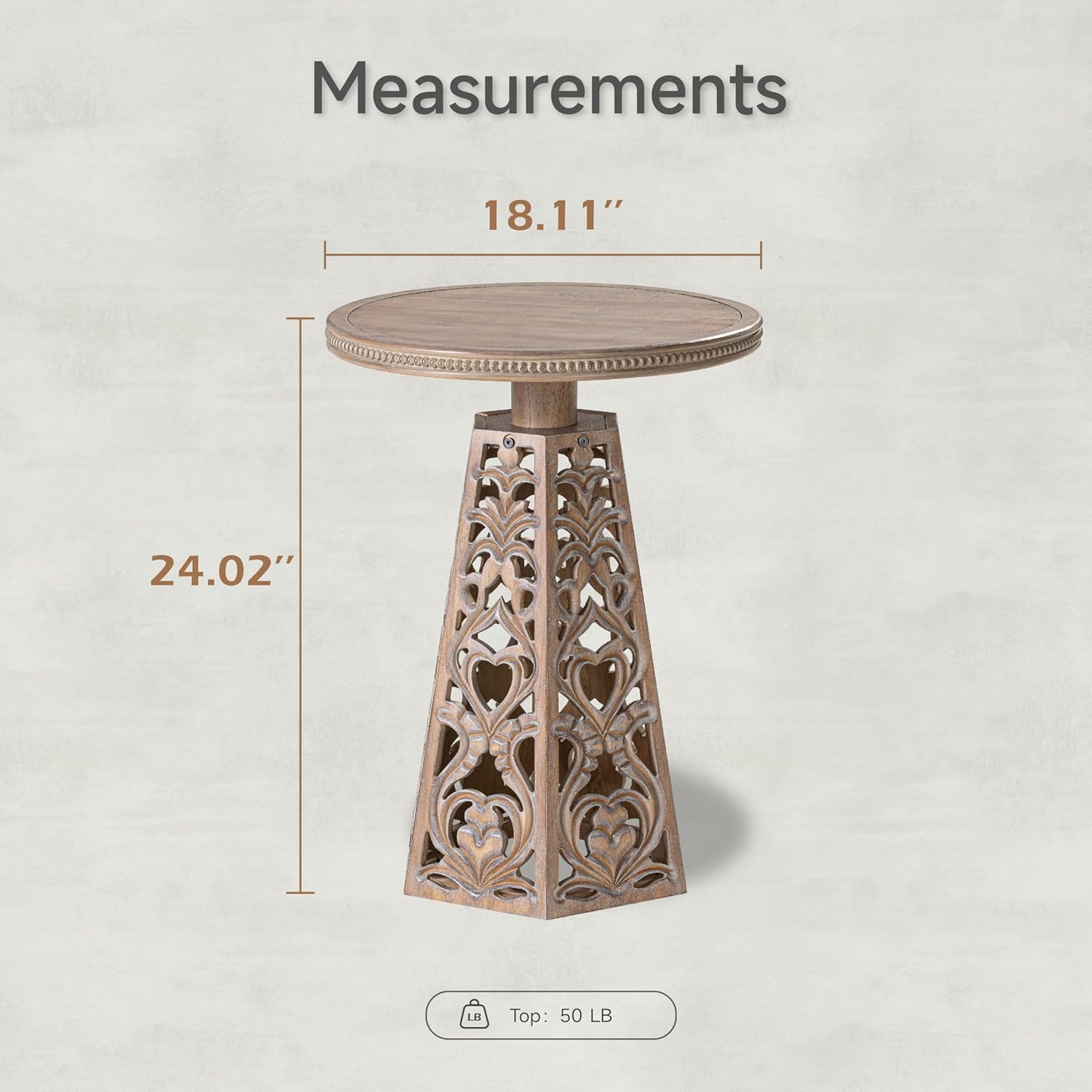 COZAYH Rustic Farmhouse Wooden End Table, Distressed Round Accent Table with Intricate Carved Floral Patterns, Boho, for Living Room, Bedroom, or Entryway, Distressed Wood Color