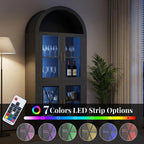 70" Tall Arched Cabinet with 7 Color LED Light, Modern Farmhouse Display Cabinets with Glass Doors, Wooden Storage Cabinet for Living Room and Kitchen Pantry (Black)