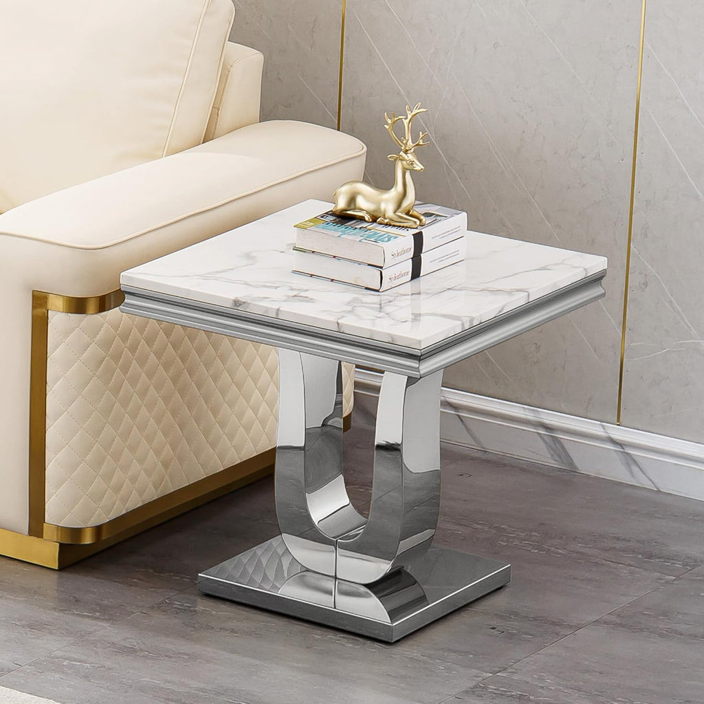 Faux Marble End Table, Modern Rectangular Conner Table with Faux Marble Top U Shape Stainless Steel Base for Bedroom Home Office