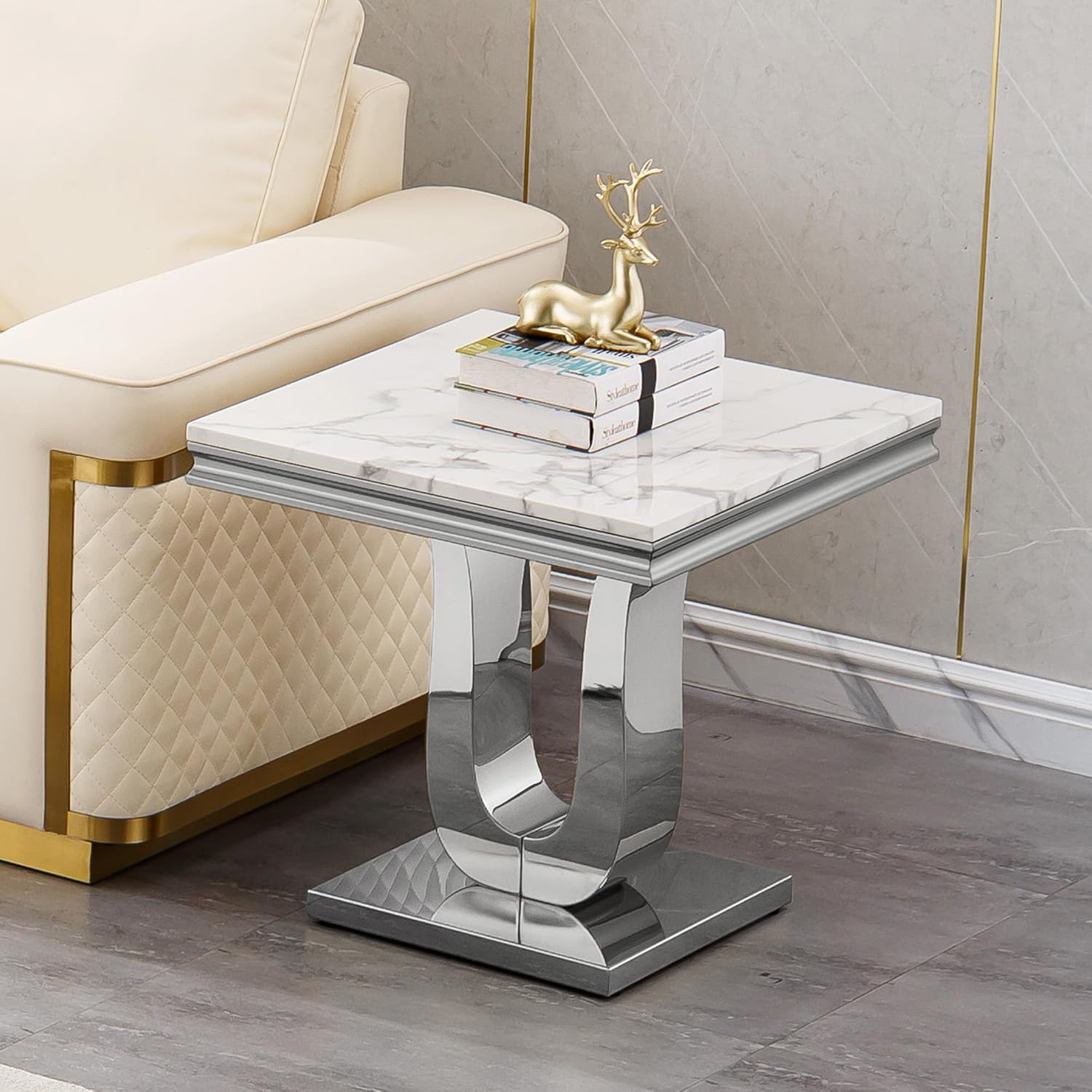 Faux Marble End Table, Modern Rectangular Conner Table with Faux Marble Top U Shape Stainless Steel Base for Bedroom Home Office