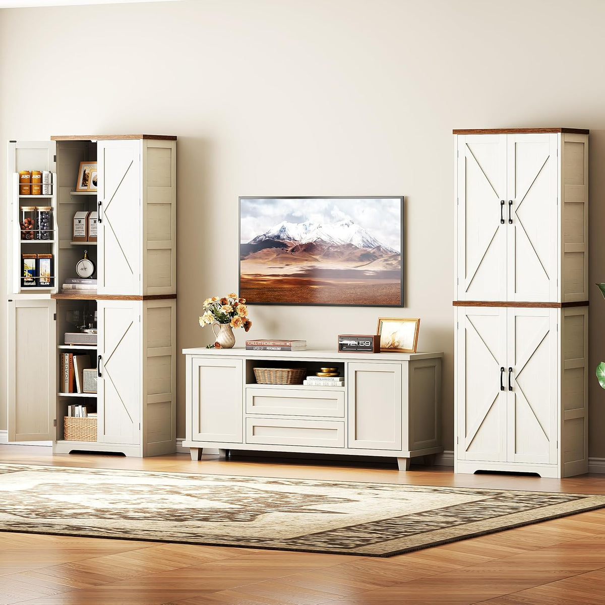 Yusong 72'' Farmhouse Kitchen Pantry Cabinet,Storage Cabinet with 4 Doors and Adjustable Shelves, Wooden Food Pantry Cupboard for Kitchen Dining Living Room Bathroom, Antique White with Wood Top