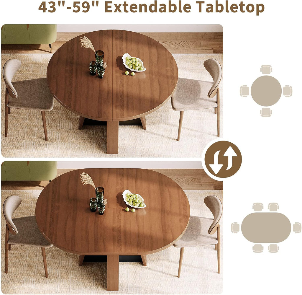 iPormis 43.3in-59in Extendable Round Dining Table for 4-6, Modern Wooden Kitchen Table for Dining Room, Adjustable Size Oval Circle Dinner Tables Furniture for Kitchen Living Room, Walnut Brown