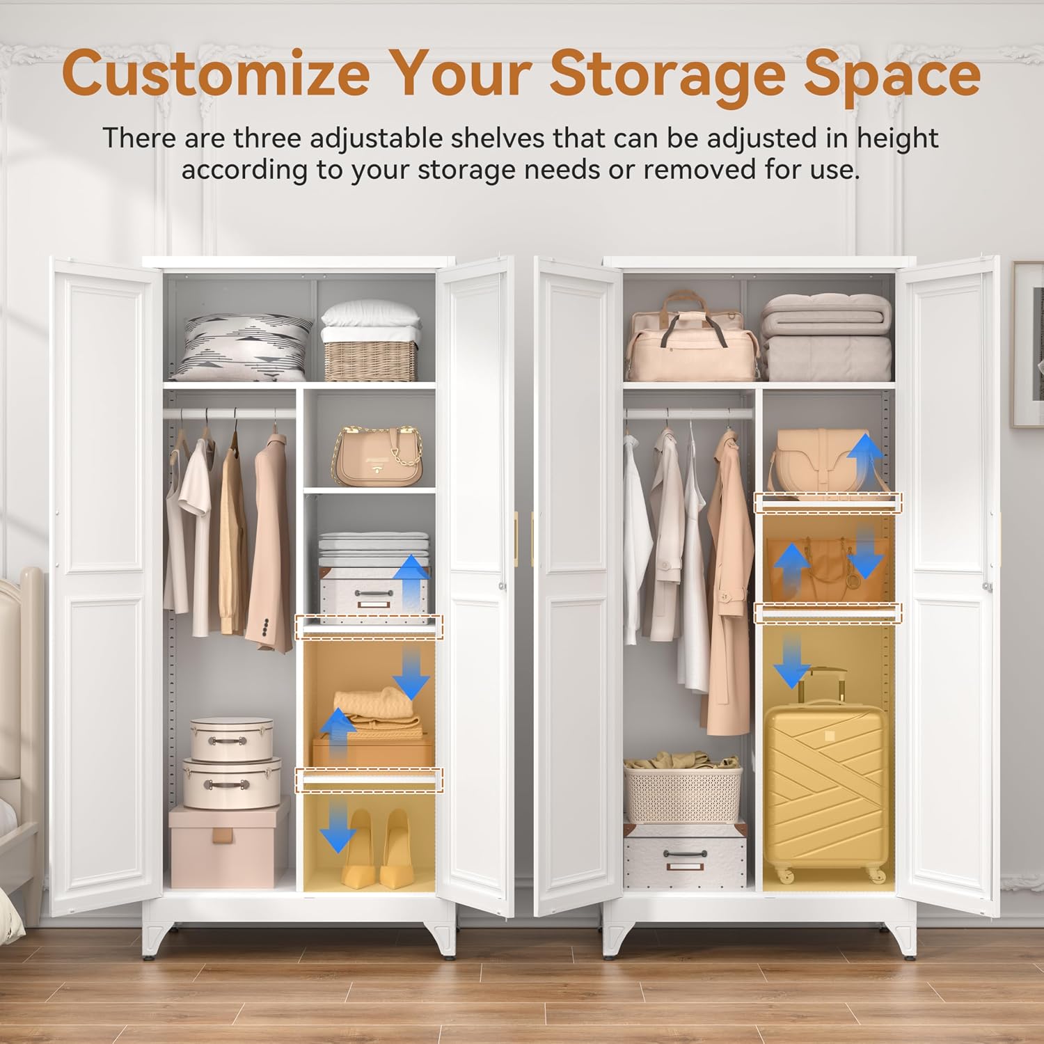 Polup 71" Tall Metal Armoire Wardrobe Closet with Doors and Lock | Wardrobe Cabinet, Hanging Rod, 3 Adjustable Shelves, Steel Clothing Storage Cabinet for Bedroom, Office, Employee, Gym, White