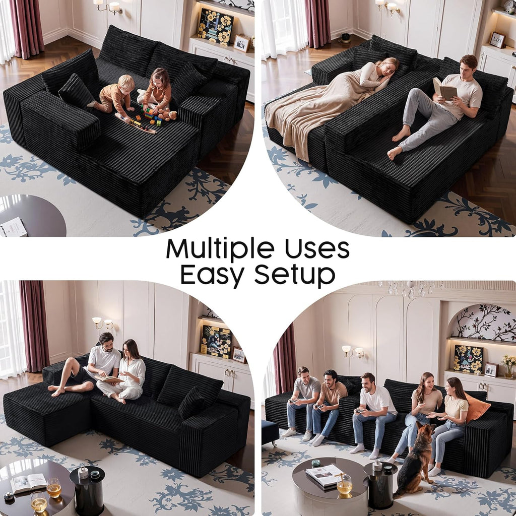 108” Modular Sectional Sofa, Right Facing Chaise (Sitting: Chaise on Your Right), Black Corduroy Cloud Couch, Deep Seat 5-Seater, Converts to Bed, No Assembly Required for Living Room