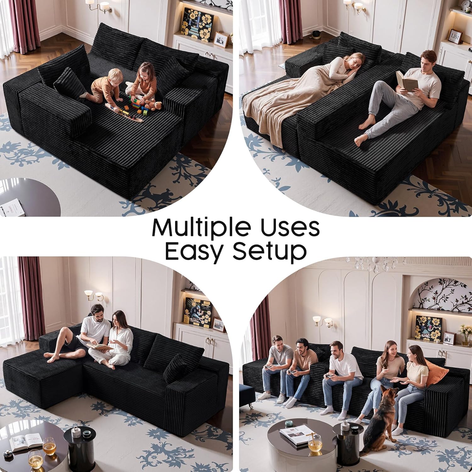108” Modular Sectional Sofa, Right Facing Chaise (Sitting: Chaise on Your Right), Black Corduroy Cloud Couch, Deep Seat 5-Seater, Converts to Bed, No Assembly Required for Living Room