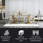 5 Pcs Dining Table Set, Kitchen and Dining Room Table Set for 4, 68" Rectangular White Faux Marble Dining Table with O-Shaped Gold Stainless Steel Base & Velvet Upholstered Beige Chairs