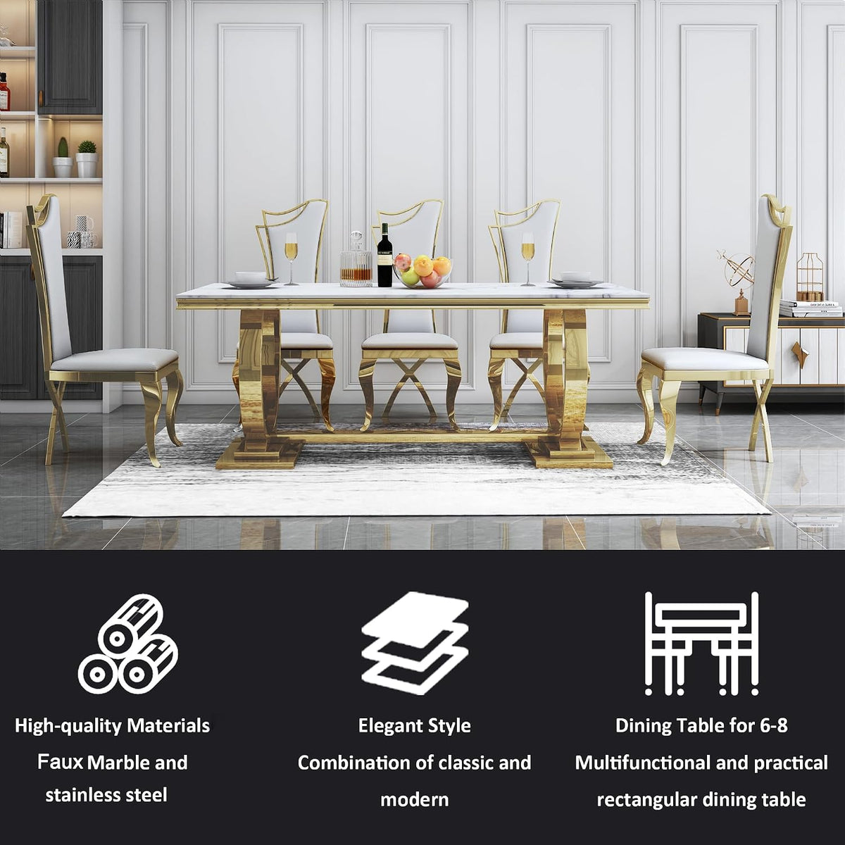 5 Pcs Dining Table Set, Kitchen and Dining Room Table Set for 4, 68" Rectangular White Faux Marble Dining Table with O-Shaped Gold Stainless Steel Base & Velvet Upholstered Beige Chairs