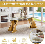 94" Modern Glass Gold Dining Table for 8-10, Luxury Kitchen Table with Tempered Glass Top & Mirror Finish Stainless Steel Base, Large Dinner Pedestal Tables for Home Banquet Hall Room, Only Table