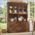71" Farmhouse Kitchen Pantry Cabinet with Glass Doors, Set of 2 – Dark Brown Freestanding Coffee Bar Hutch with Adjustable Shelves, Large Storage Cabinet with Microwave Stand for Living Room & Kitchen