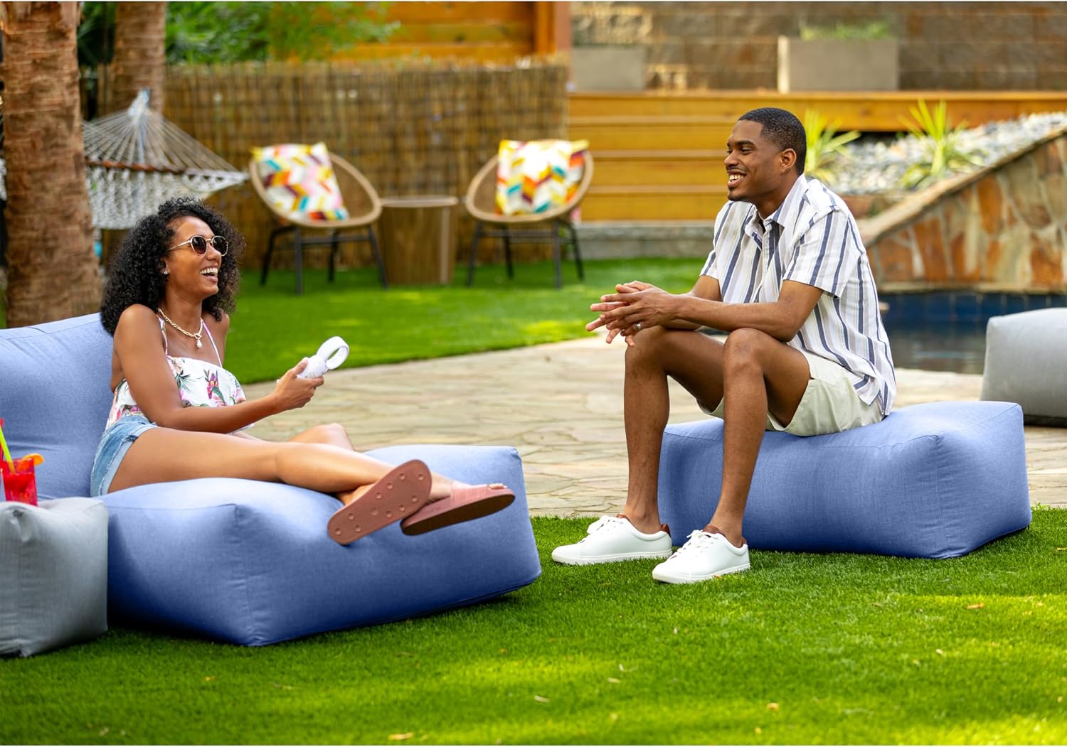 Jaxx Coza Ottoman - Large Outdoor Pouf & Footrest - Sunbrella, Ocean Blue