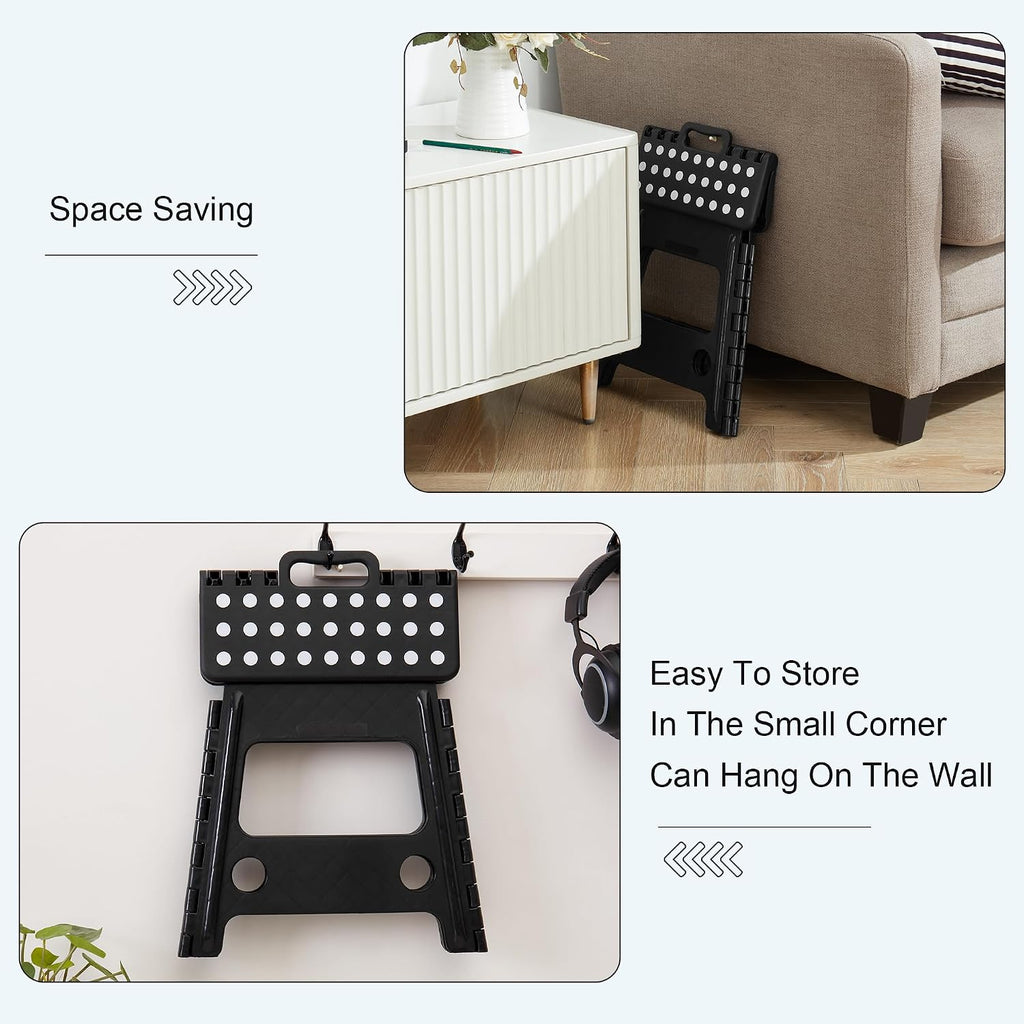 VECELO Folding Step Stool 13 Inch, Non-Slip Surface Portabl Foldable 1 Step Stool with Carry Handle, Heavy Duty to Support Kids/Toddler/Adults for Living Room Kitchen, Bathroom, Set of 2, Black