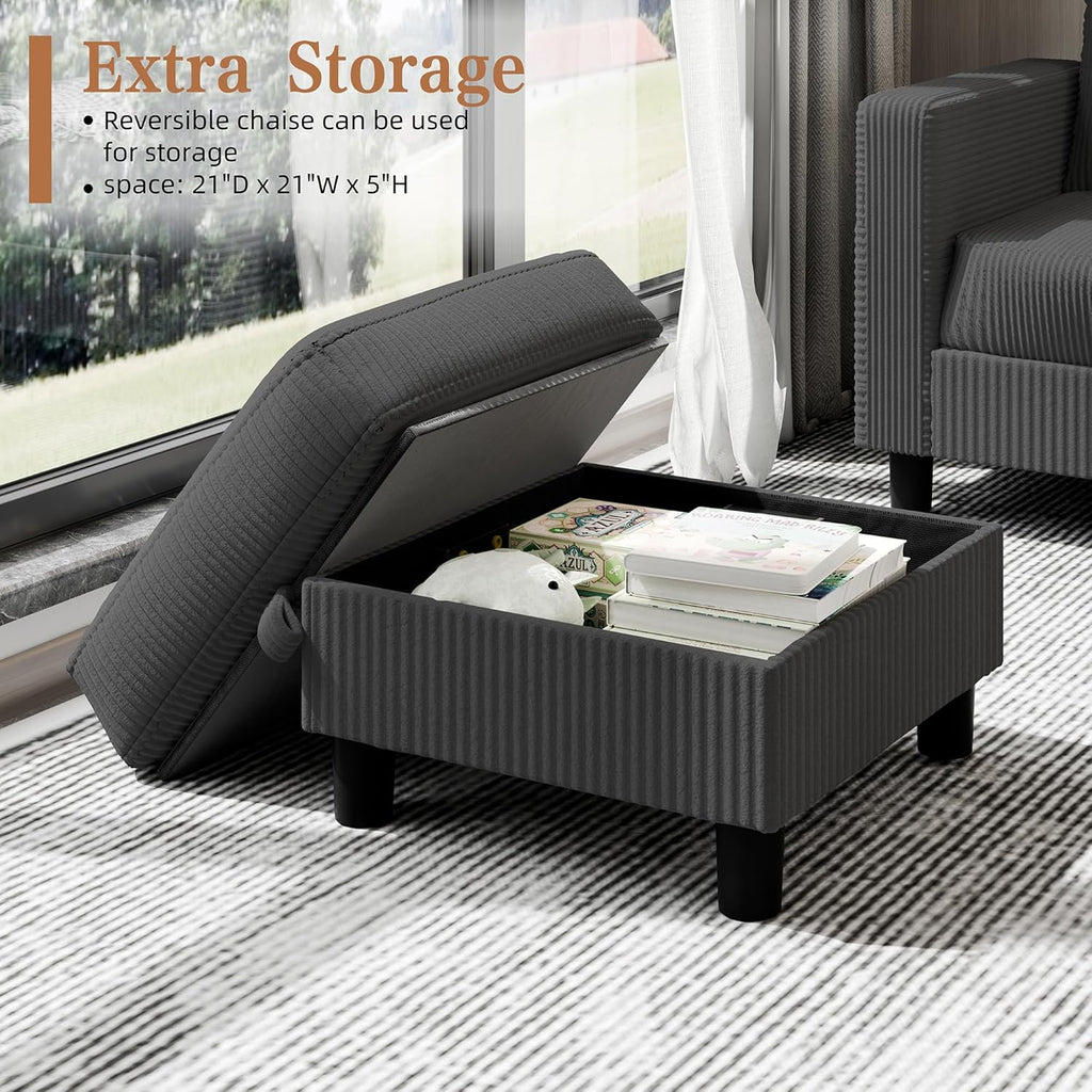 Shintenchi 76" Modern Upholstered Sectional Sofa Couch,L-Shaped Convertible Sofa with Storage Ottoman,Comfy Couches with Side Storage Pockets for Living Room,Dark Gray Corduroy Fabric