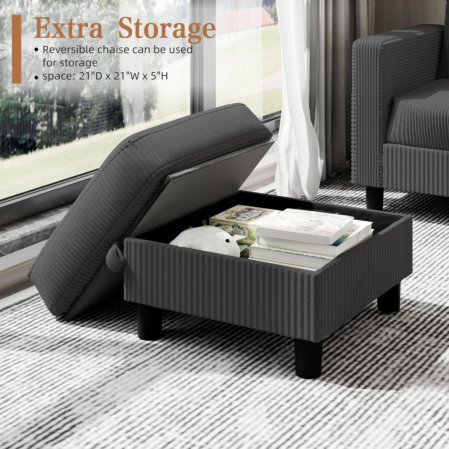 Shintenchi 76" Modern Upholstered Sectional Sofa Couch,L-Shaped Convertible Sofa with Storage Ottoman,Comfy Couches with Side Storage Pockets for Living Room,Dark Gray Corduroy Fabric