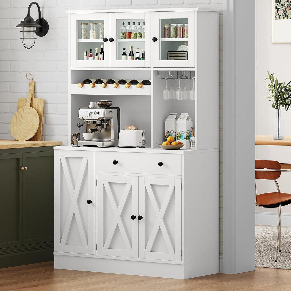 YITAHOME 71''H Kitchen Pantry Cabinet, Tall Cabinet with Drawer, Doors, Goblet Holder, Wine Rack & Power Outlet for Kitchen, Living Room (White)