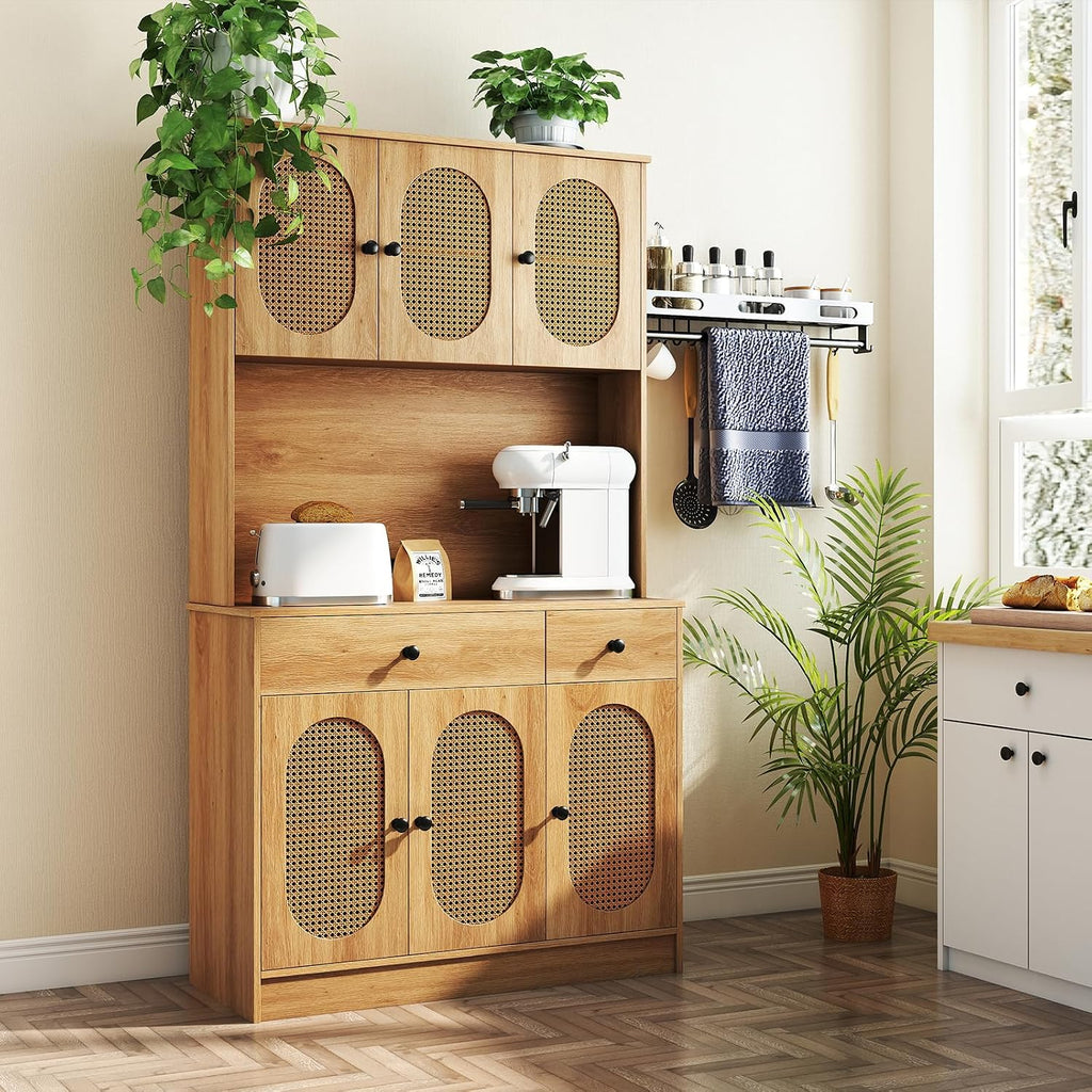 GOFLAME Kitchen Pantry Cabinet with Charging Station, 71" Tall Freestanding Kitchen Buffet with Hutch, Drawers and PE Rattan Doors, Boho Sideboard Buffet Cabinet, Natural