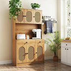 GOFLAME Kitchen Pantry Cabinet with Charging Station, 71" Tall Freestanding Kitchen Buffet with Hutch, Drawers and PE Rattan Doors, Boho Sideboard Buffet Cabinet, Natural