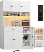 FJTJBSI 72" Kitchen Pantry Cabinet with LED Light and Charging Station Tall Pantry Storage Cabinet with Adjustable Shelves and Door Shelves Modern Kitchen Hutch with Microwave Stand and Countertop