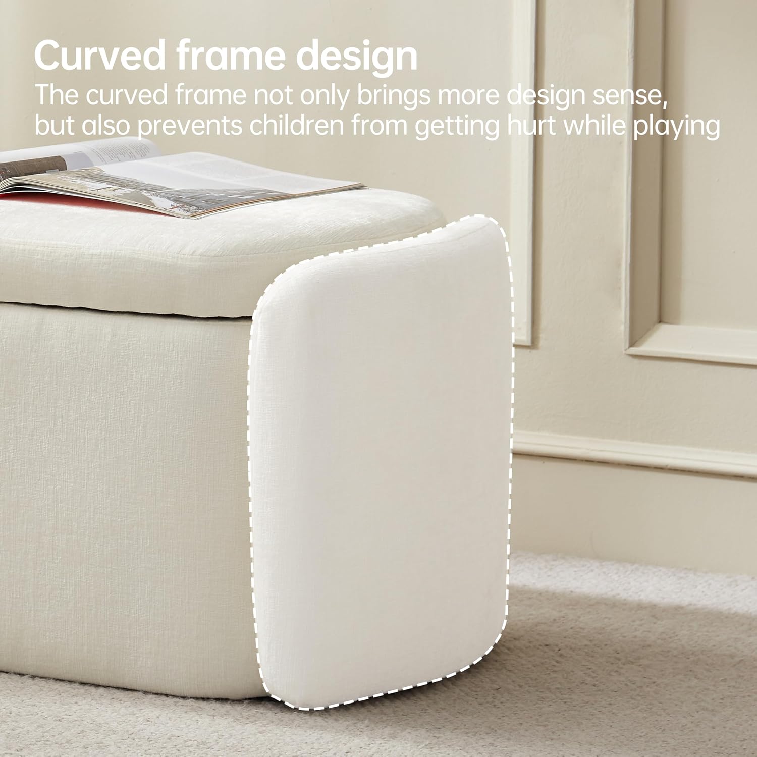 VKNOW Storage Bench, Upholstered Storage Ottoman Bench with Hinge, Cream | Ottoman Bench with Large Capacity, Curved Frame, Soft Fabric, Storage Bench for Bedroom, Living Room, Entryway