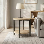 Furniture of America Onos Modern Solid Wood 26.6-inch Round End Table with Open Bottom Shelf, Metal Legs for Living Room, Natural
