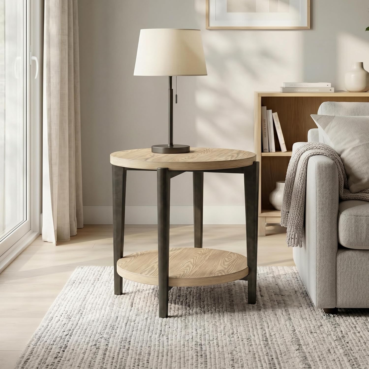Furniture of America Onos Modern Solid Wood 26.6-inch Round End Table with Open Bottom Shelf, Metal Legs for Living Room, Natural