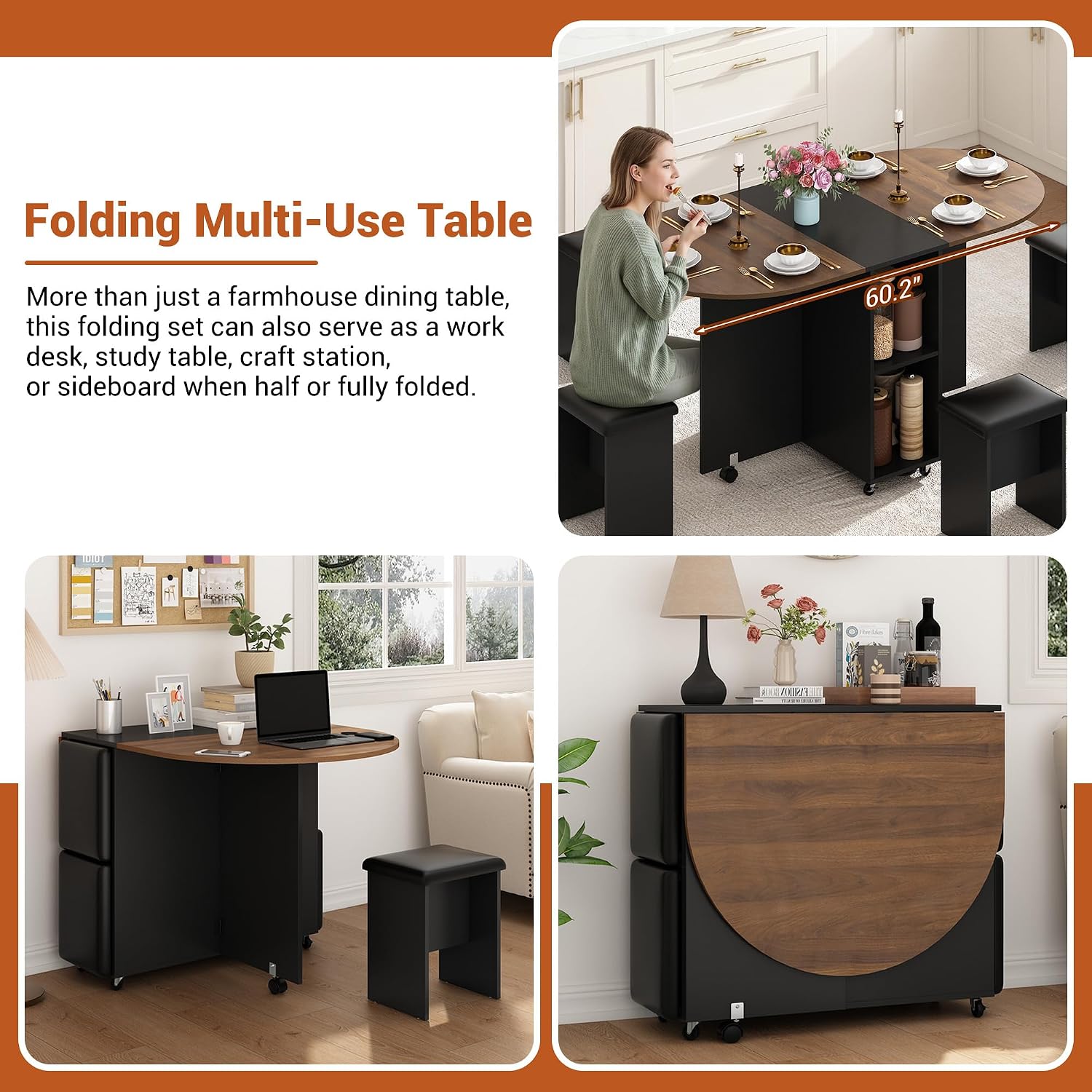 5 PCS Farmhouse Dining Table Set for 4,60" Large Round Folding Dining Table Set w/ 4 Leather Chairs, Drop Leaf Oval Modern Kitchen Table for Small Spaces,6 Wheels,2-Layer Storage Shelf,Walnut