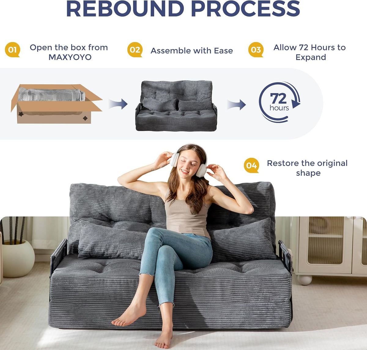 MAXYOYO Adjustable Folding Sofa Bed Couch with 2 Pillows, Dark Grey | Multi-Functional Bean Bag Bed, 5-Position Foldable Lazy Floor Sofa Bed with Armrest, Versatile Floor Seating for Reading